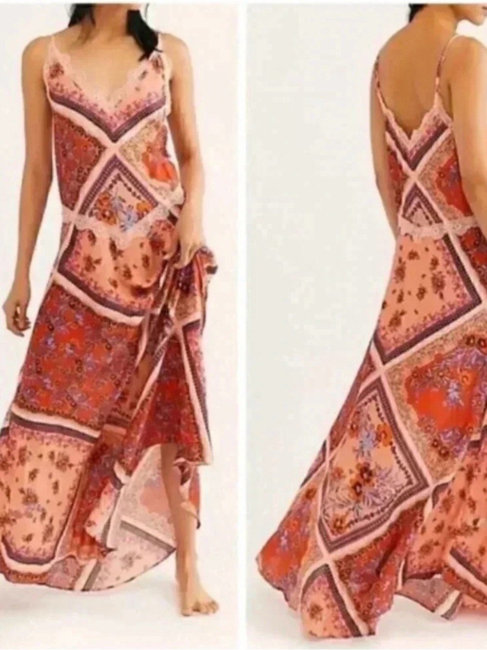 Free People Stevie floral Patchwork Maxi Dress - Peach & Rust Xsmall